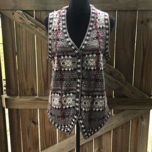 Victoria Jones Gray Red Poinsettias Christmas Holiday Sleeveless Cardigan Vest